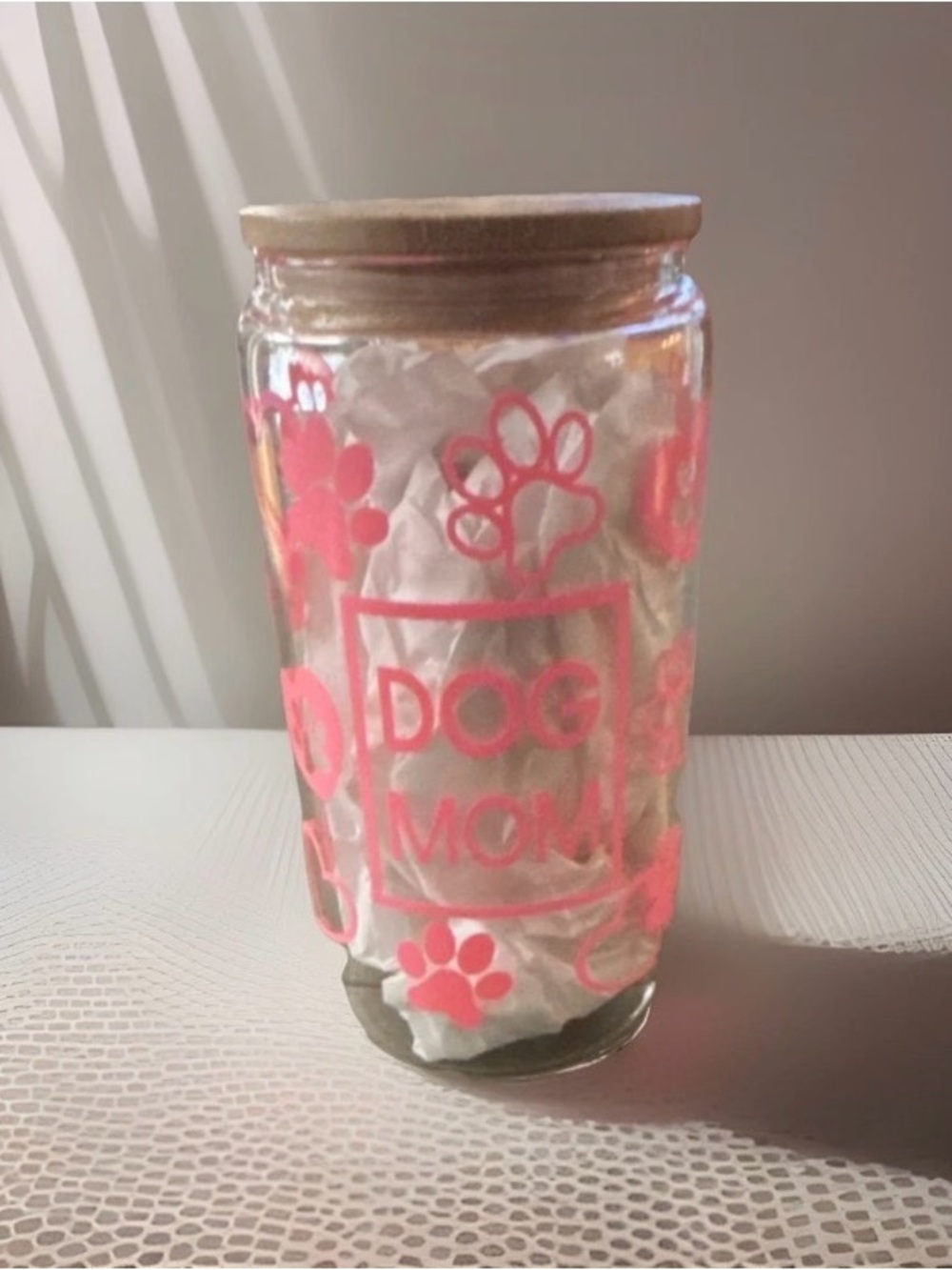 Dog Mom Glass Iced Coffee Tumbler in Pink